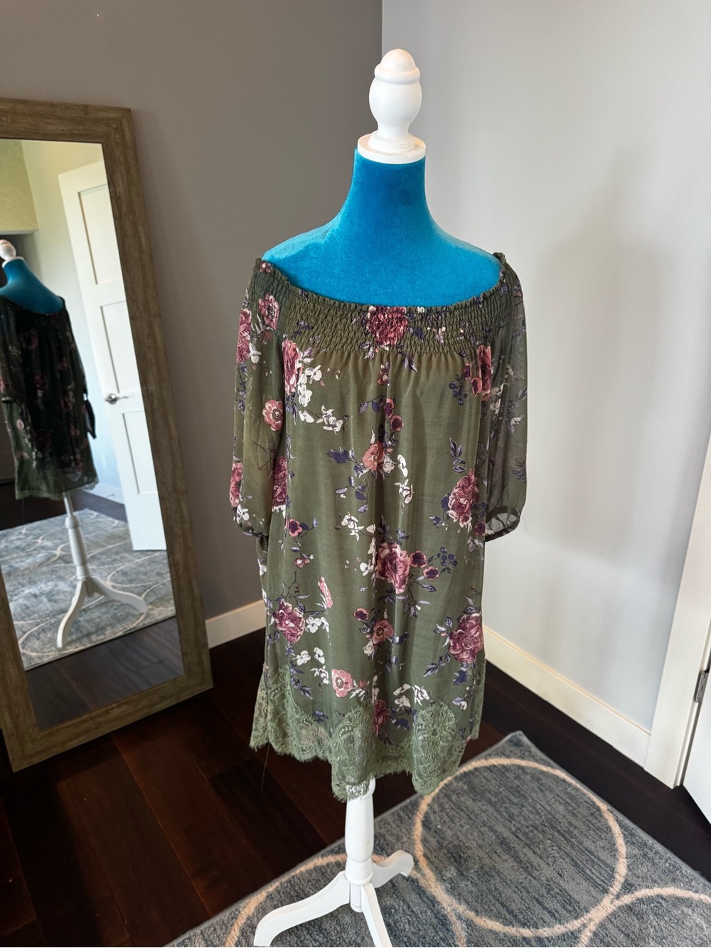 Blue Rain Olive Green Off-Shoulder Mini Dress with Pink Floral Print